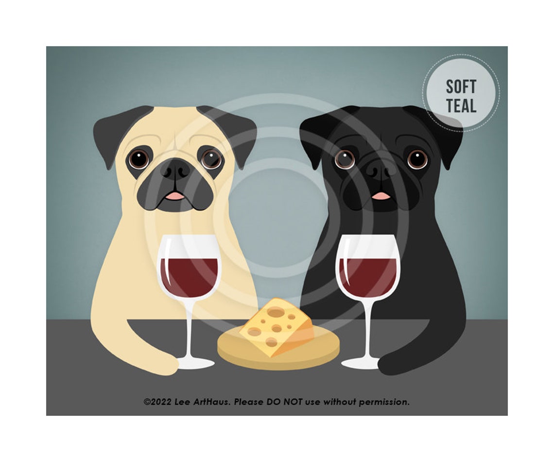 Two Pugs Wine and Cheese Night Red Wine Glasses Funny Dog Poster - Image 4