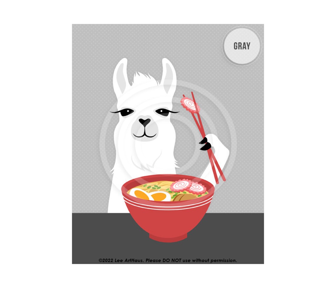 White Llama Eating Ramen Noodle Bowl Chopsticks Fun Kitchen Decor Poster - Image 3
