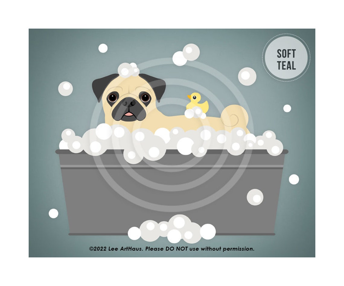 Fawn Pug Bubble Bath Gray Metal Tub Duck Bright Teal Bathroom Poster - Image 4