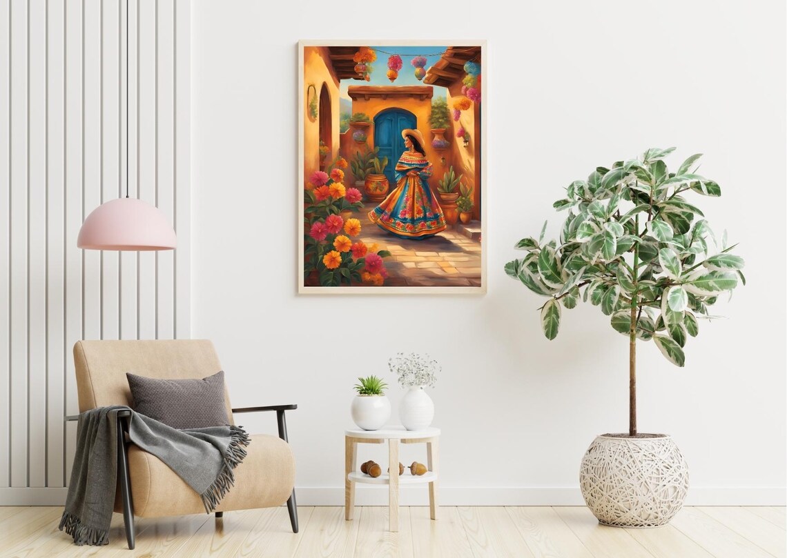 Mexican Woman Floral Dress Marigold Courtyard Folk Painting Poster