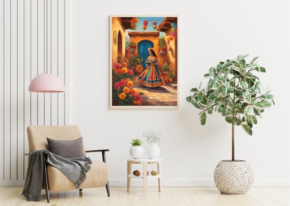 Mexican Woman Floral Dress Marigold Courtyard Folk Painting Poster