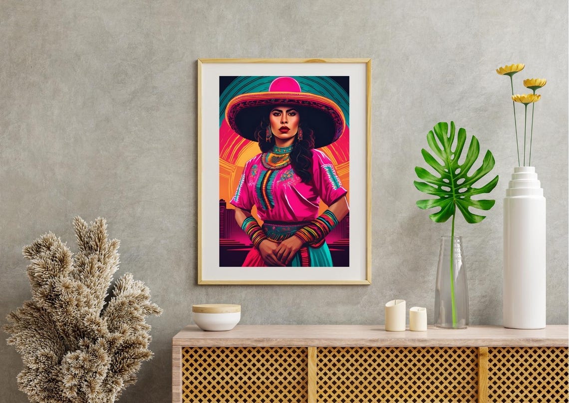 Bold Latina Woman In Pink Sombrero Neon Pop Art Portrait Poster