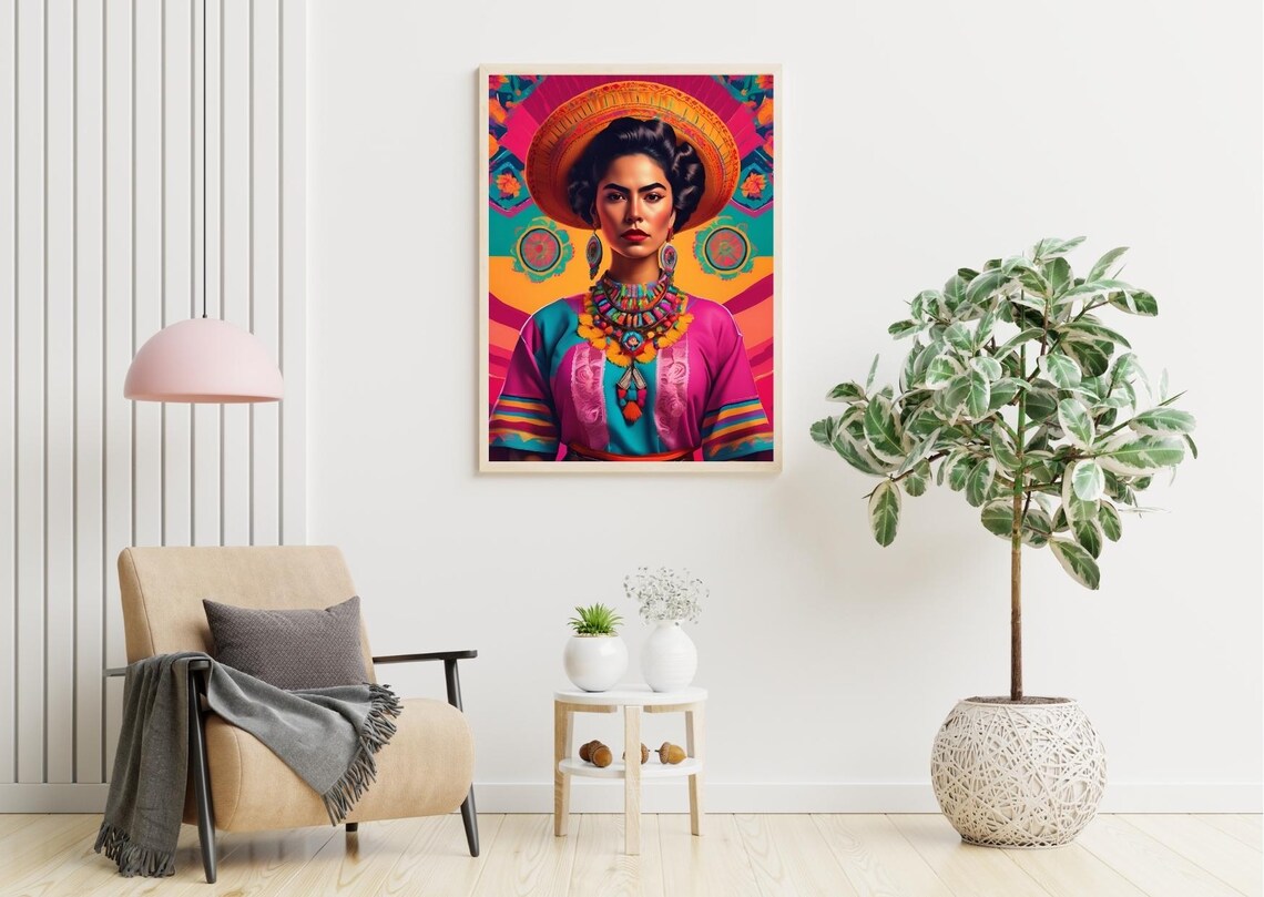 Frida Inspired Mexican Woman In Sombrero Vibrant Pop Art Poster