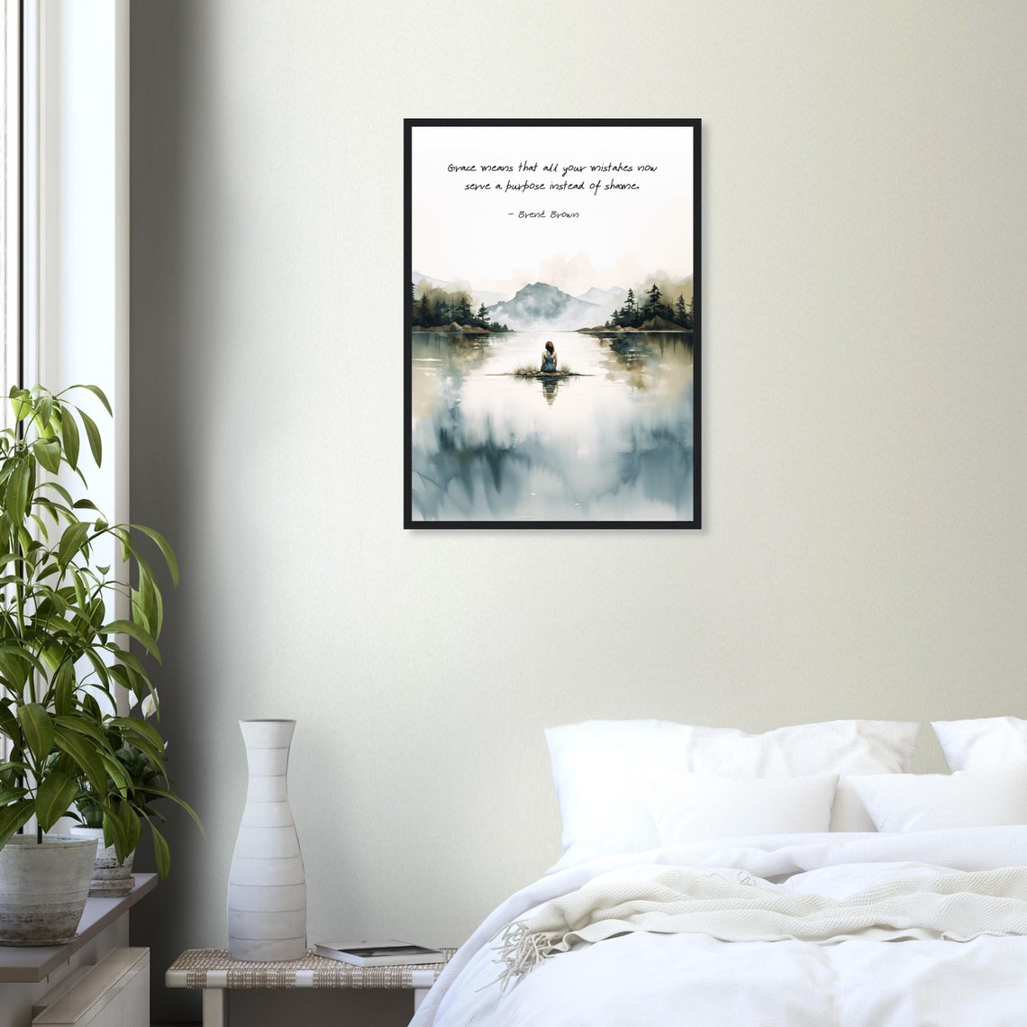 Brene Brown Grace Quote Misty Lake Woman Mountains Reflection Poster - Image 4