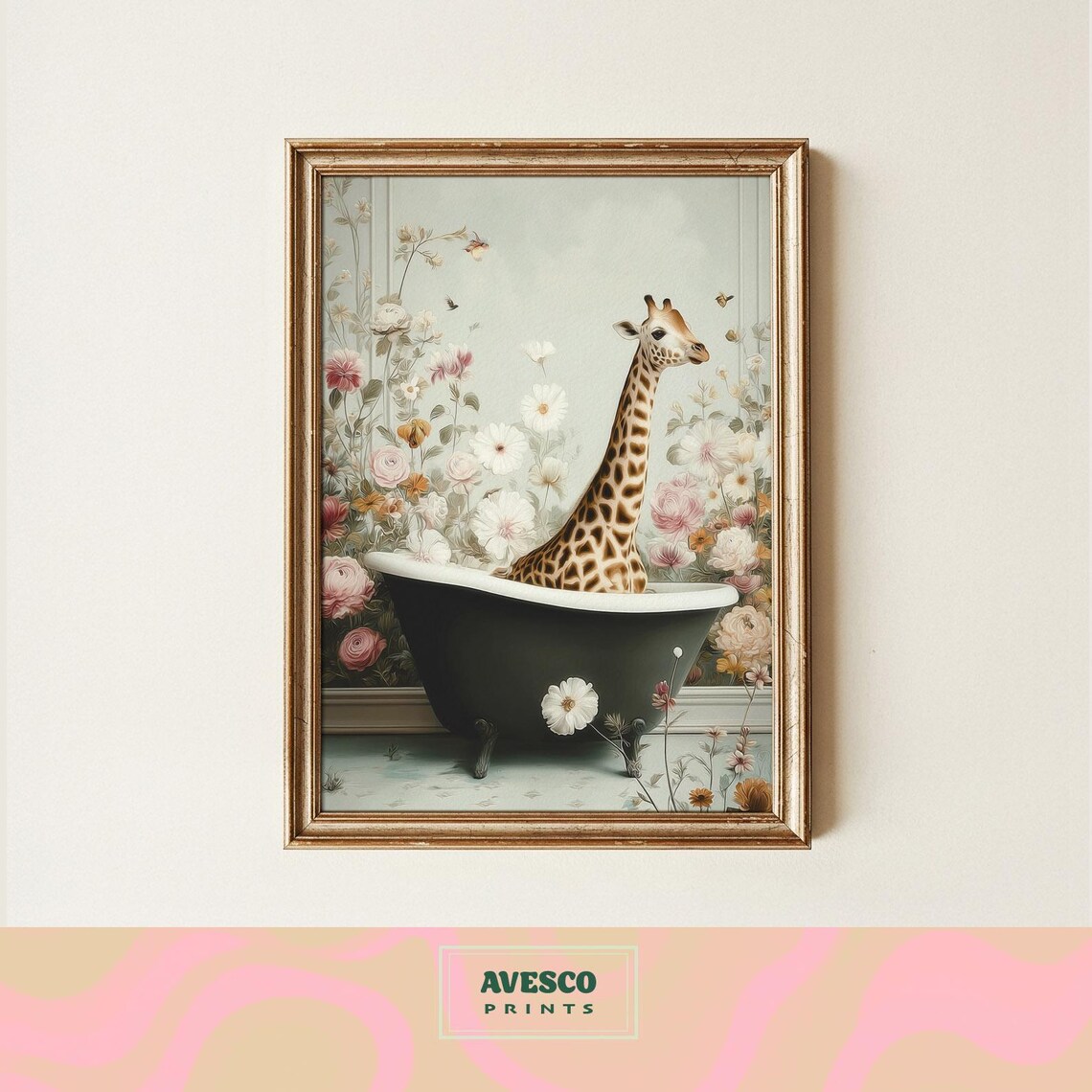 Giraffe In Bathtub, Funny Bathroom Wall Art Print