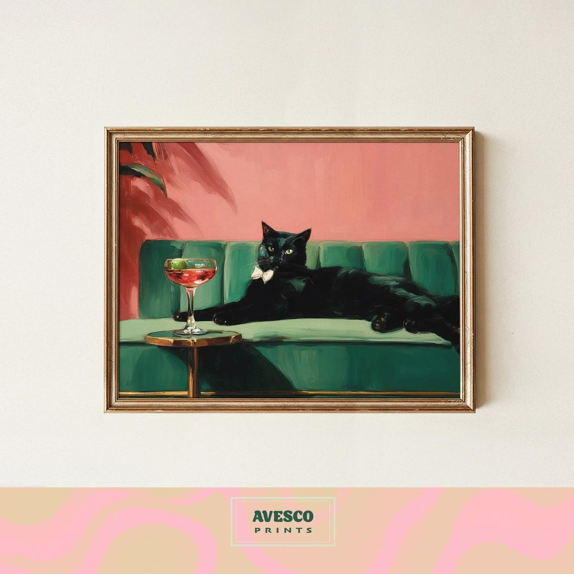 Black Cat In A White Bow Tie On A Green Sofa Cocktail Hour Poster