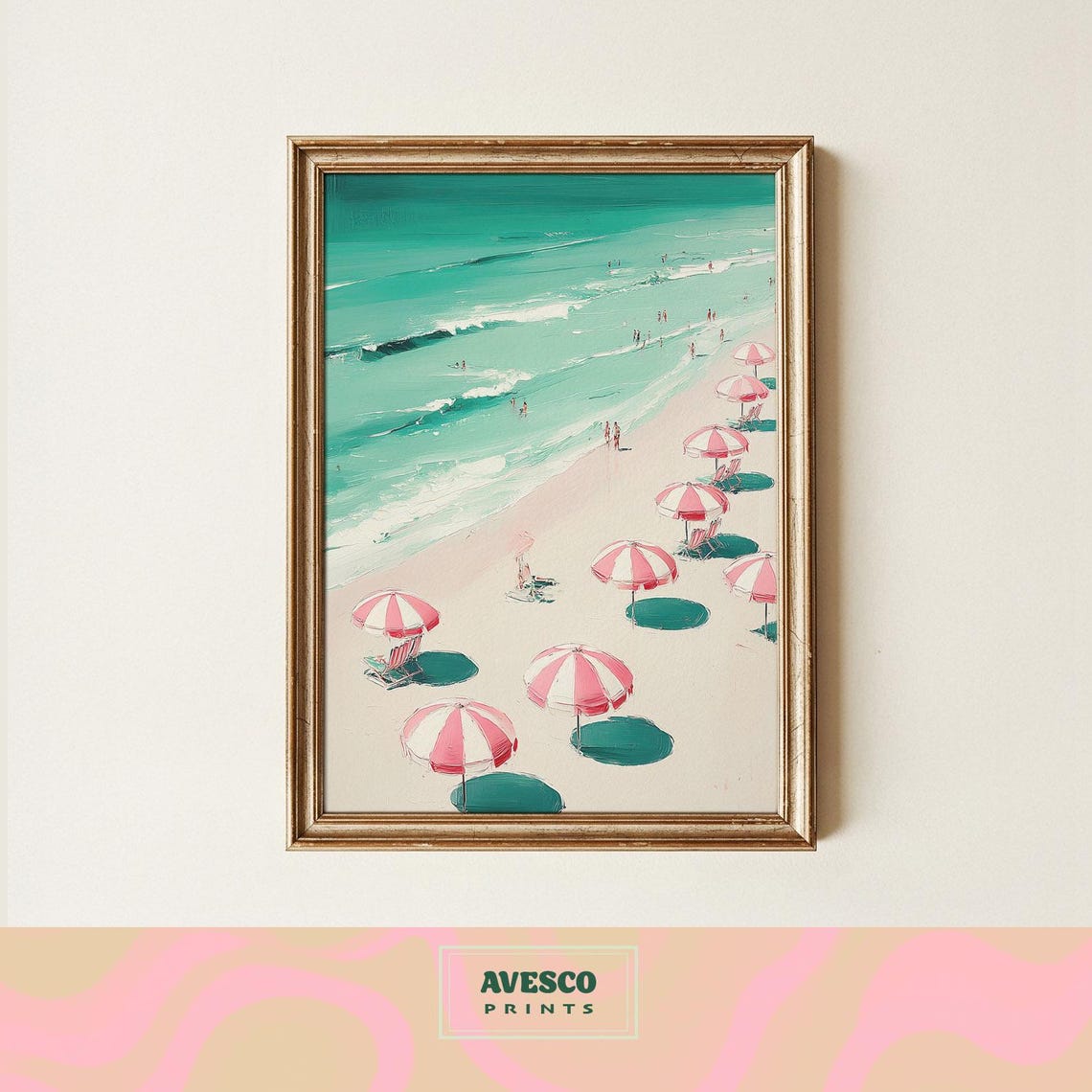 Pink Striped Beach Umbrellas Turquoise Ocean Summer Art Poster