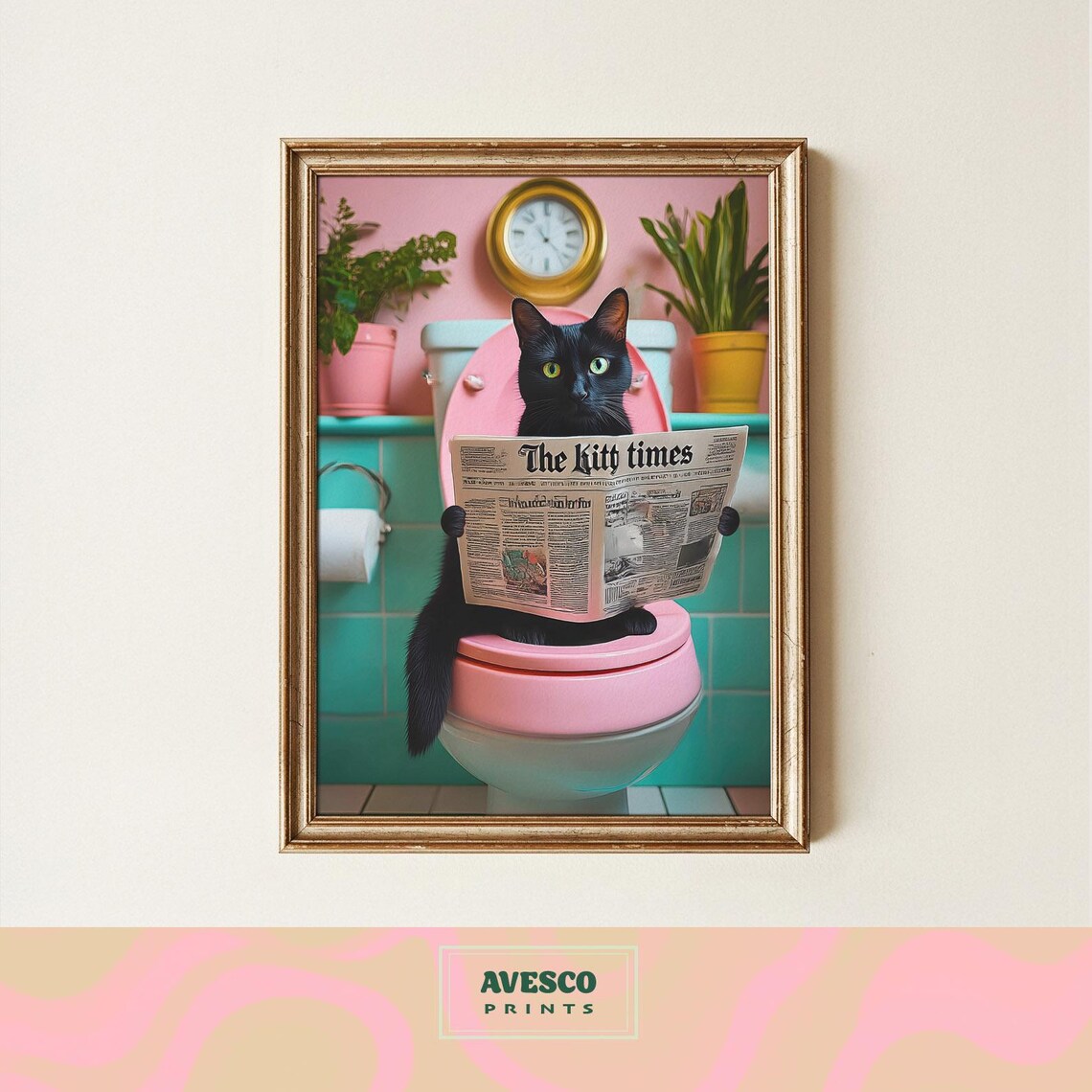 Black Cat Bathroom Art Print, Gift For Lovers