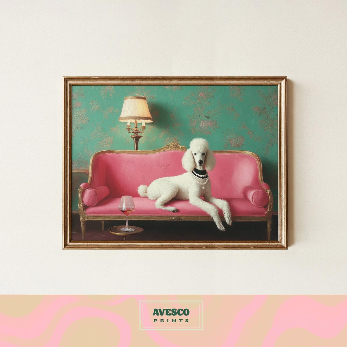 White Poodle Pink Sofa Poster Glamorous Dog Pearls And Wine Art