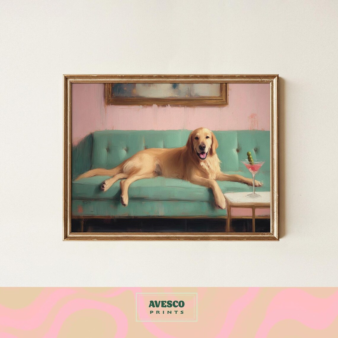 Golden Retriever Cocktail Poster Green Sofa Martini Lounge Dog