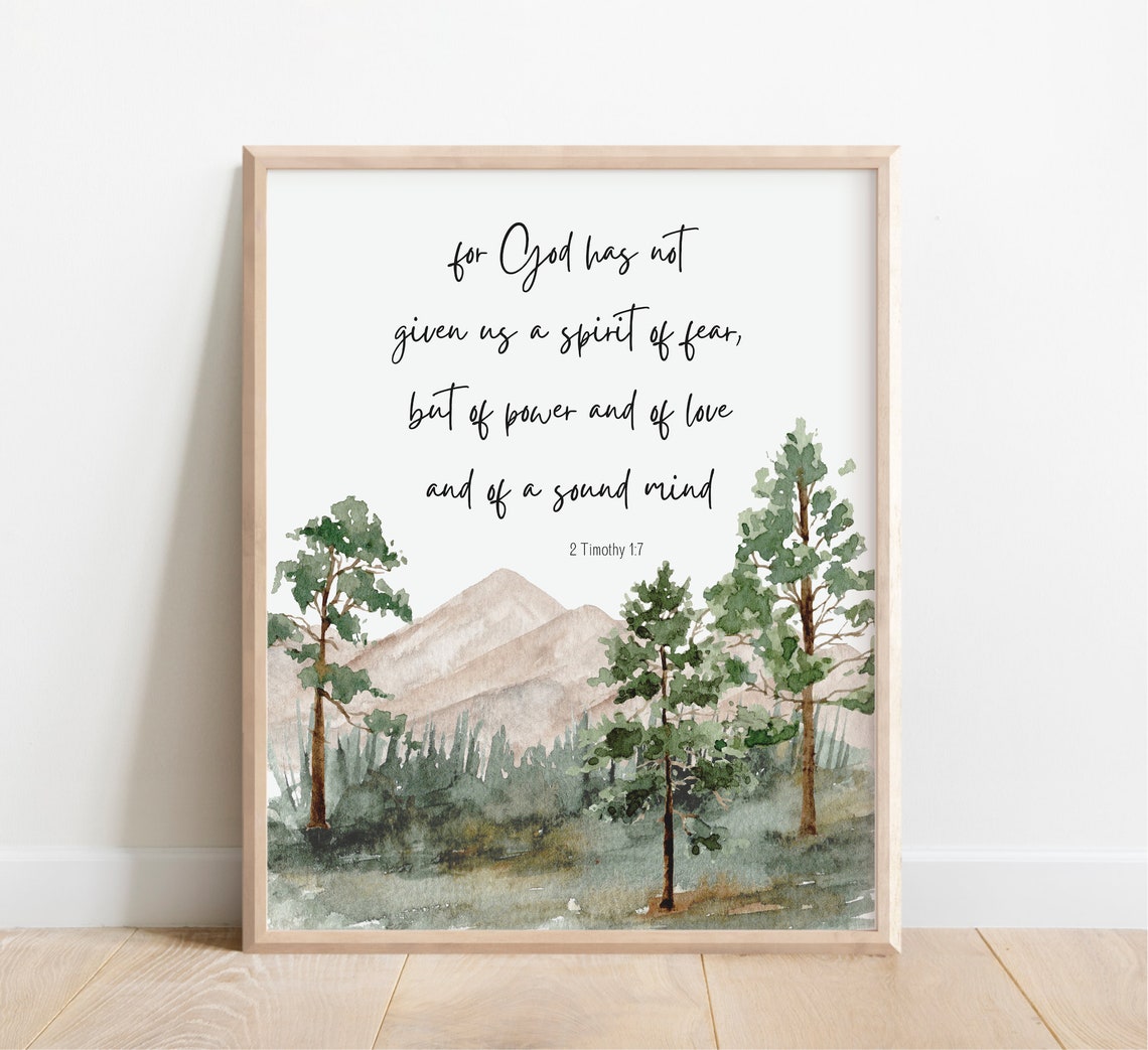 2 Timothy 1:7 Spirit of Fear Script Bible Verse Pine Wall Art