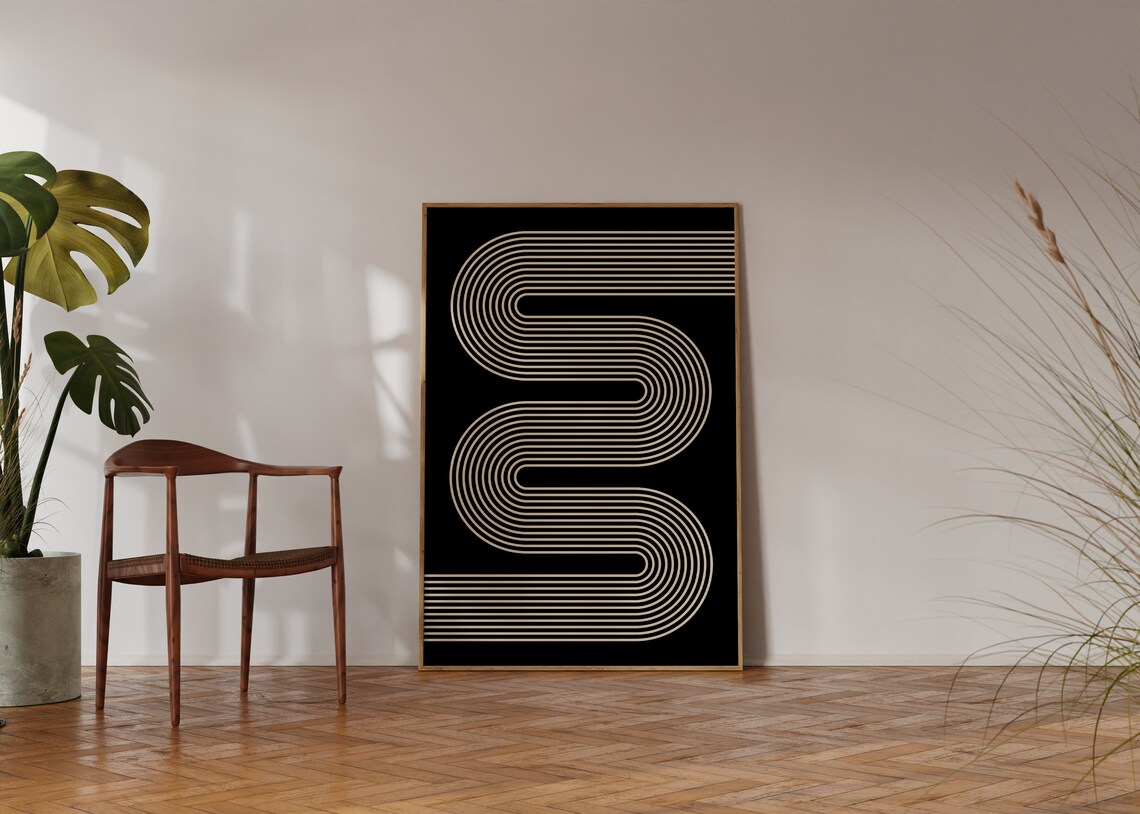 Cream Curved Line Ribbon Black Minimalist Geometric Art Poster - Image 4