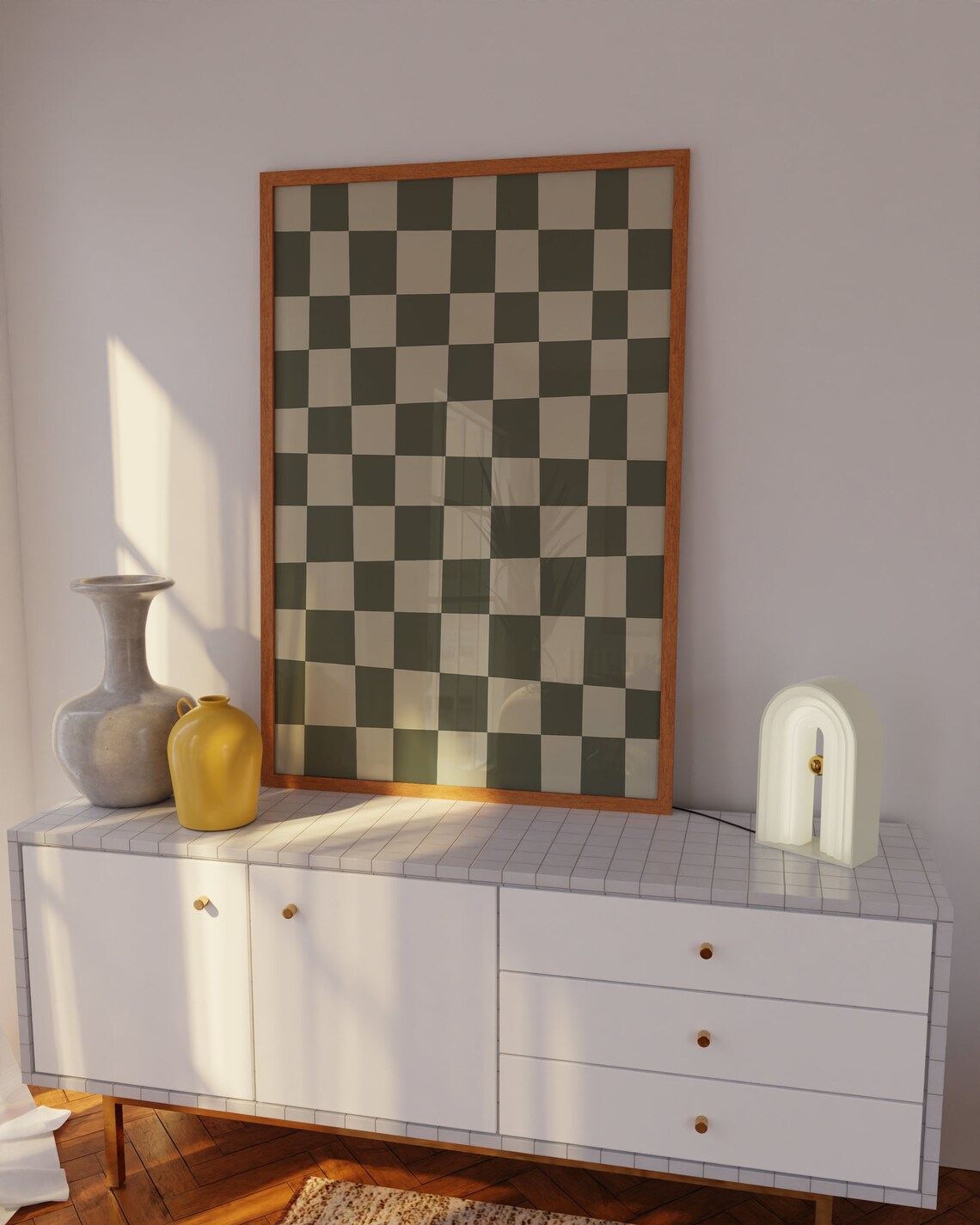 Olive Green Checkerboard Bold Earthy Retro Pattern Art Poster - Image 3