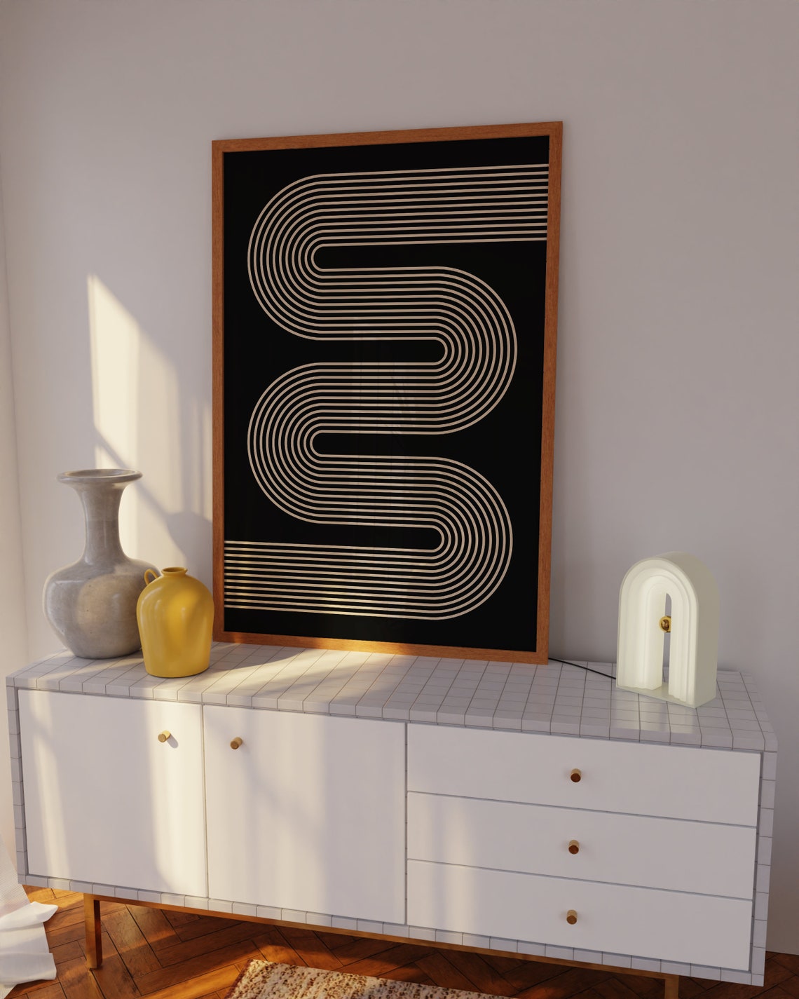 Cream Curved Line Ribbon Black Minimalist Geometric Art Poster - Image 3