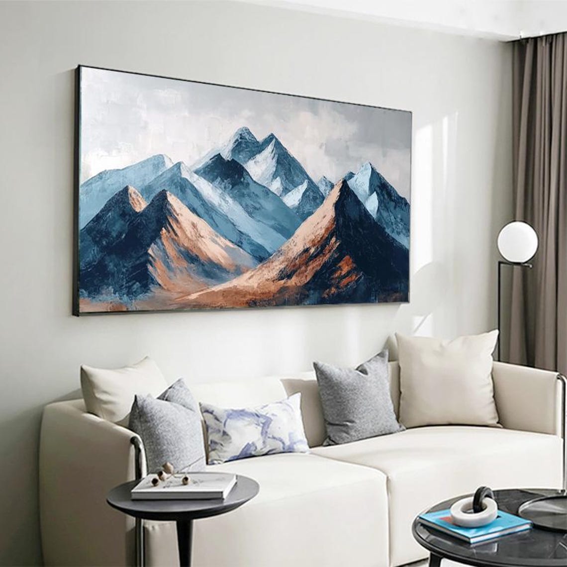 Blue Tan Mountain Peaks In Gradient Landscape Art Painting Poster - Image 3
