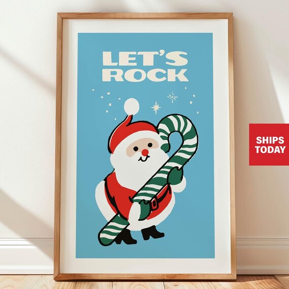 Lets Rock Retro Santa Candy Cane Christmas Illustration Poster