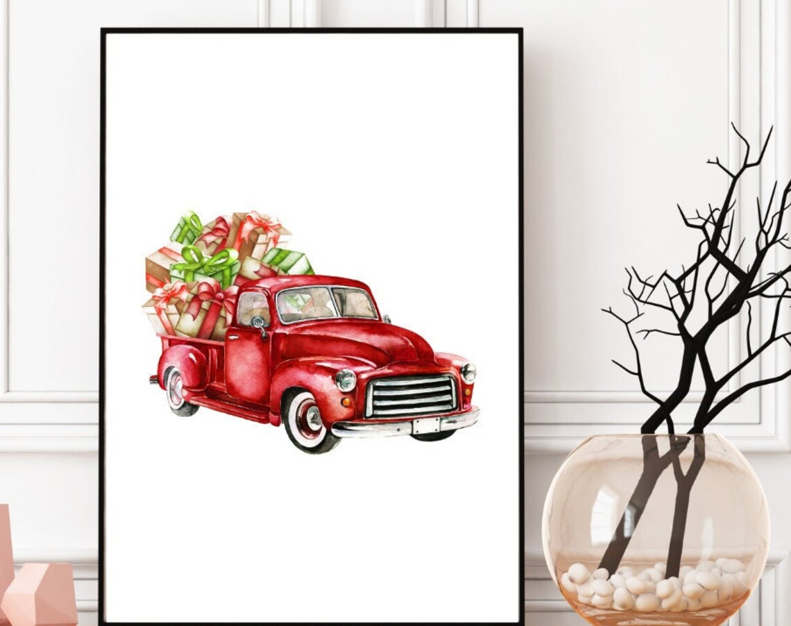 Red Truck Christmas Print Christmas Printabl Retro Car New Year Decoration Rustic Christmas Wall Art Holiday Wall Art Christmas Truck Print