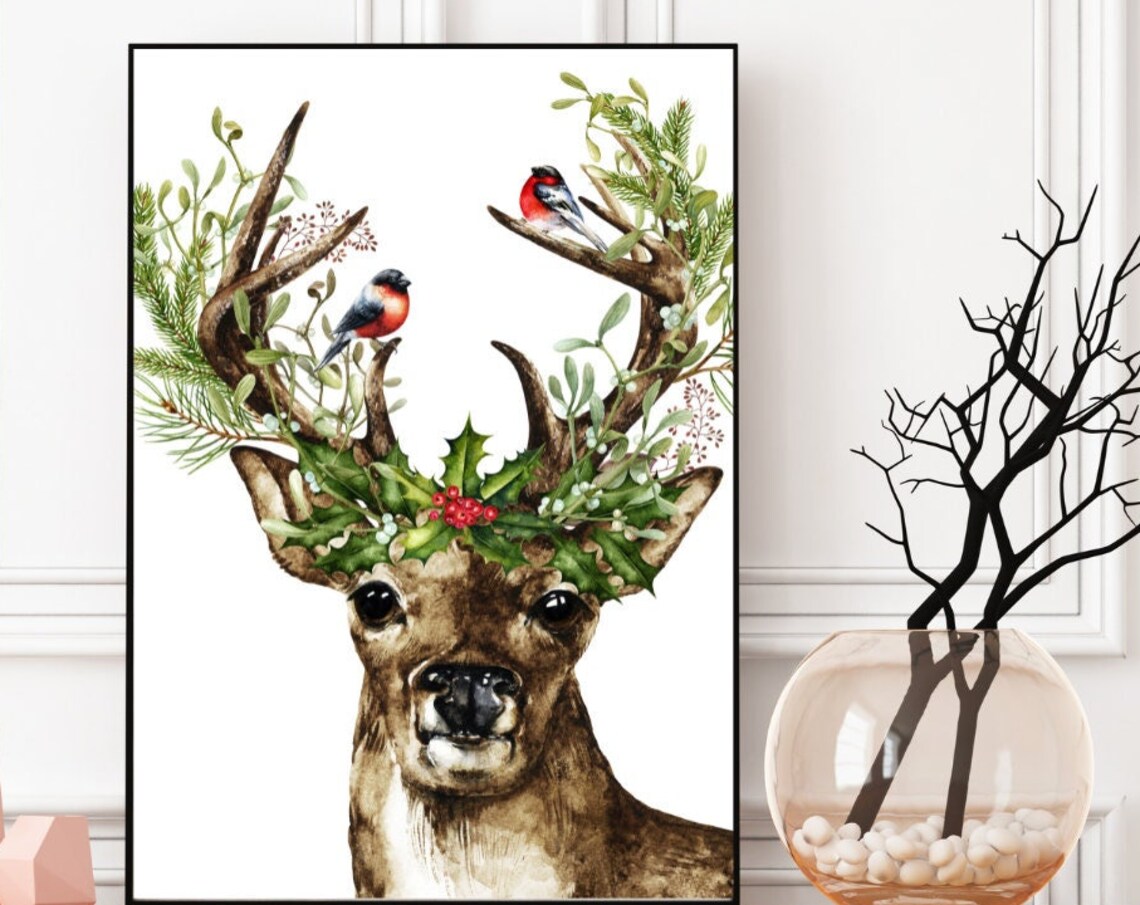 Woodland Deer Art Print, Watercolor Christmas Decor