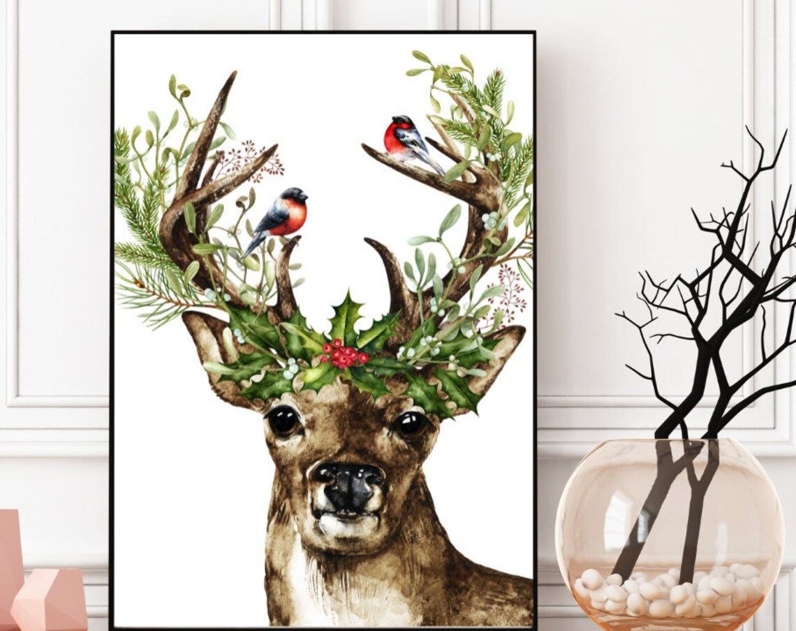 Christmas Deer Watercolor Holiday Wall Art Print