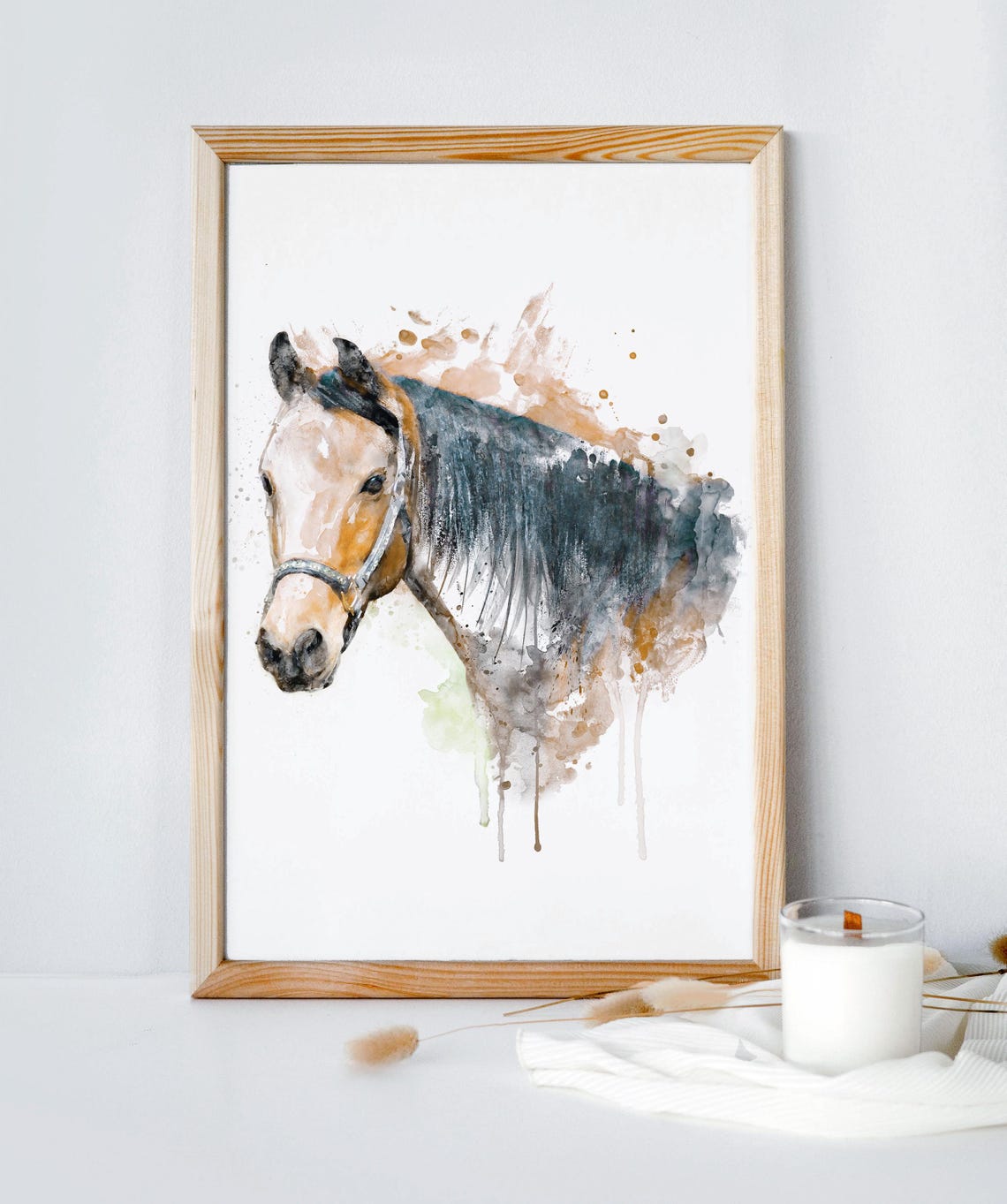Rustic Brown Horse Watercolor Portrait Equestrian Farmhouse Wall Art