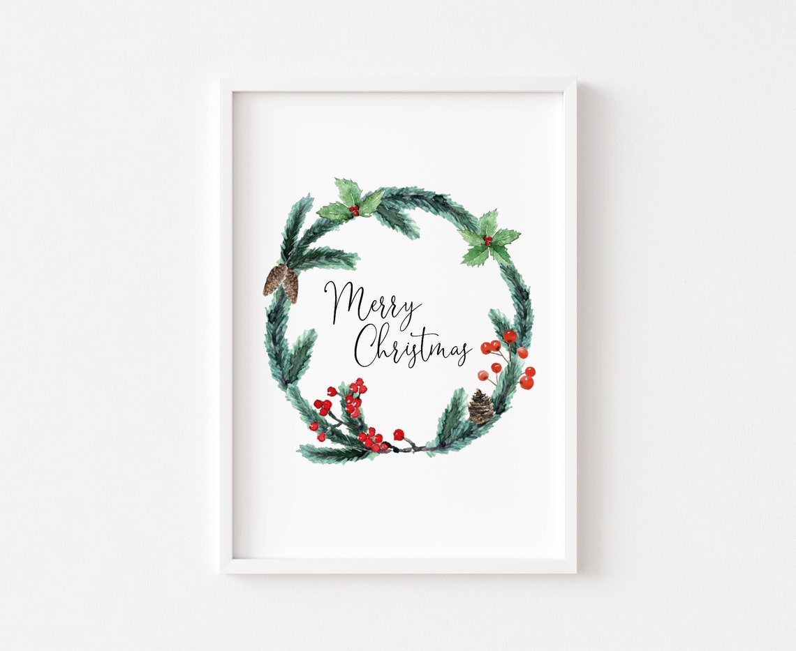 Merry Christmas Watercolor Wreath With Holly Berries Holiday Poster