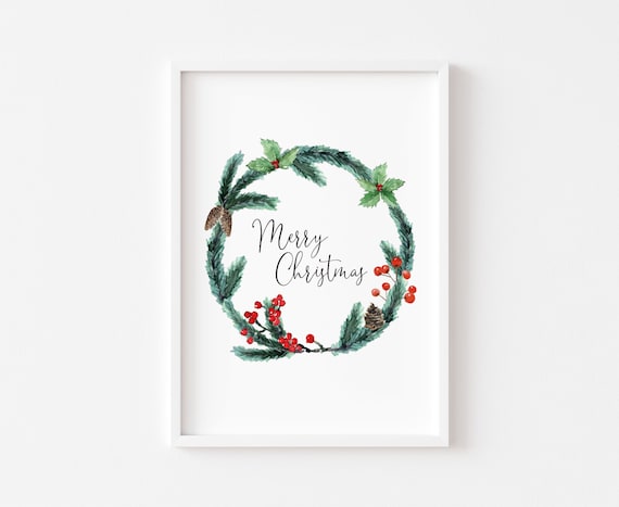 Merry Christmas Watercolor Wreath With Holly Berries Holiday Poster