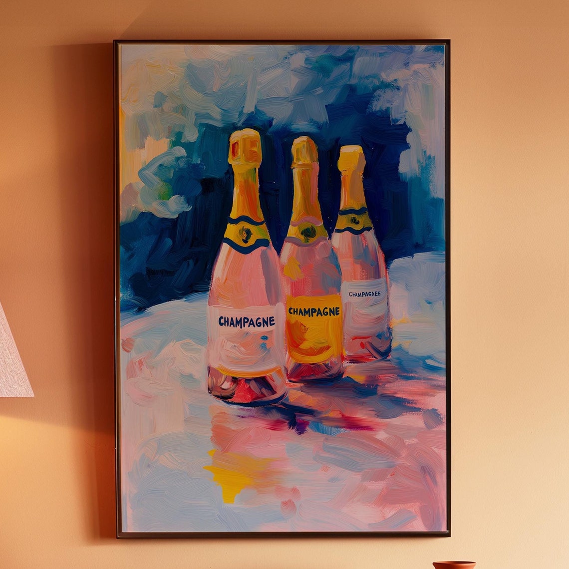 Three Pink Champagne Bottles Painterly Still Life Art Poster