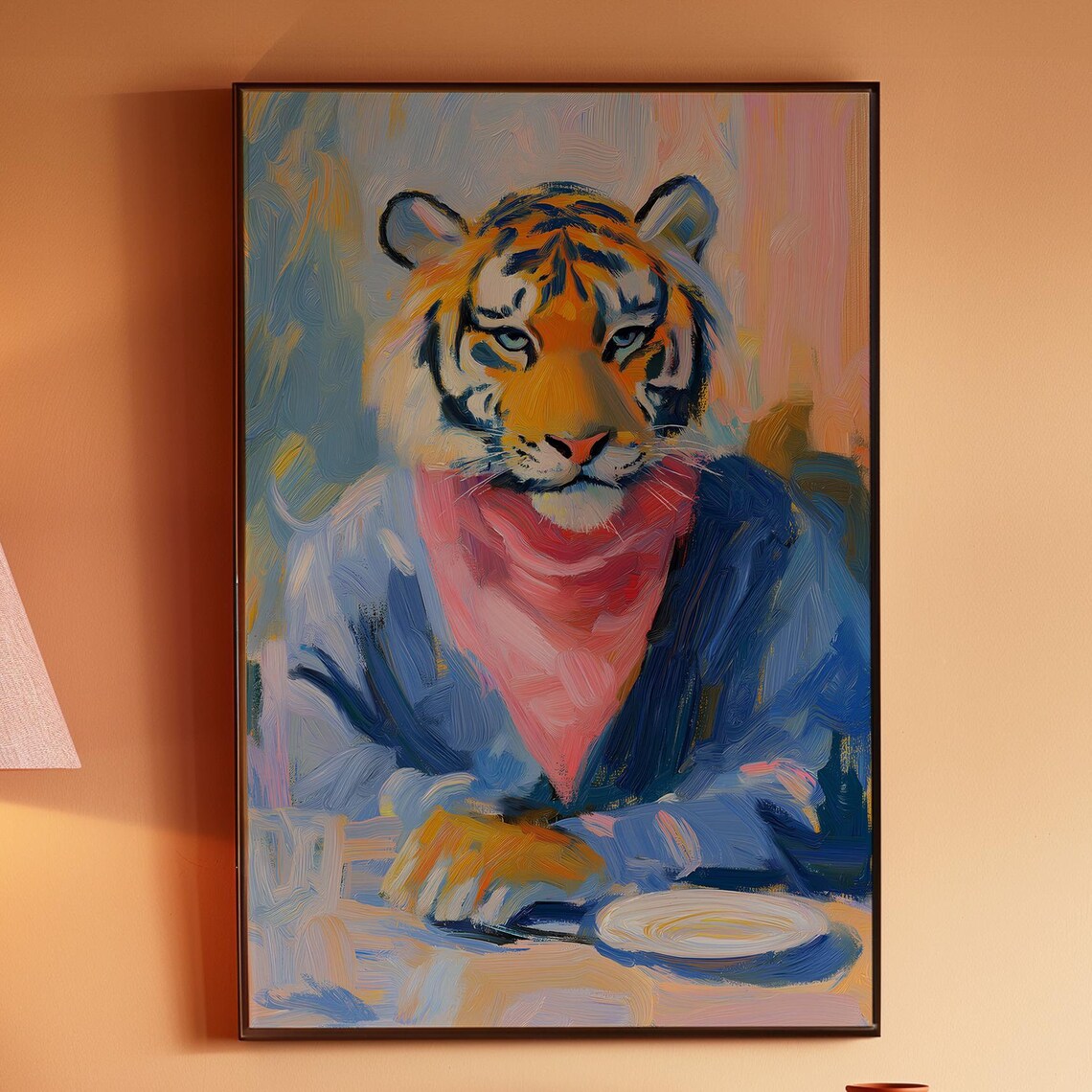 Tiger in a Blue Robe and Pink Scarf Dining Portrait Art Poster