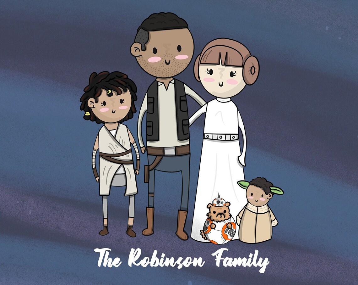 Custom Cartoon Star Wars Inspired Family Portrait Space Saga Poster