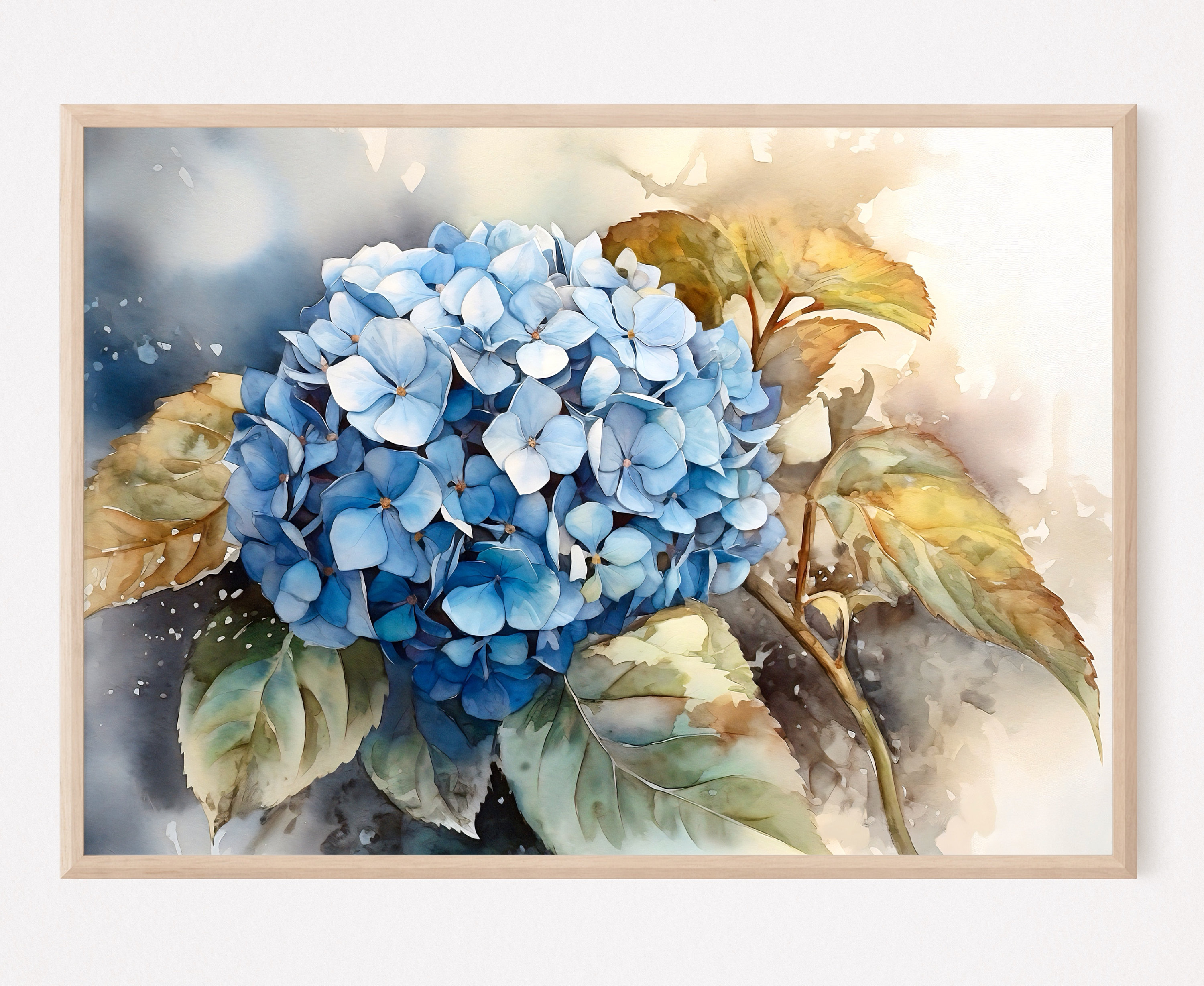 Blue Hydrangea Blossom Close-Up Soft Watercolor Flower Art Poster