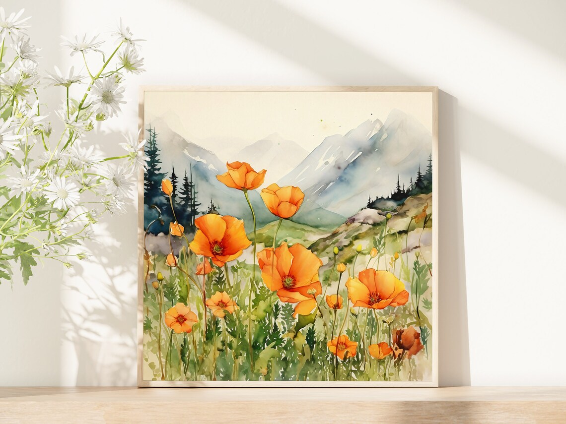 Summer Meadow Poppies Landscape Art Print - Image 2