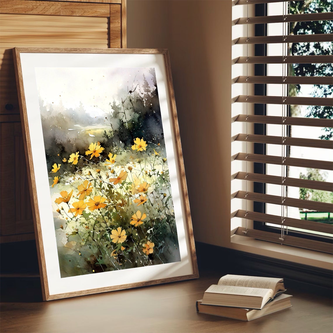 Yellow Cosmos Wildflowers Watercolor Meadow with Soft Light Poster - Image 2