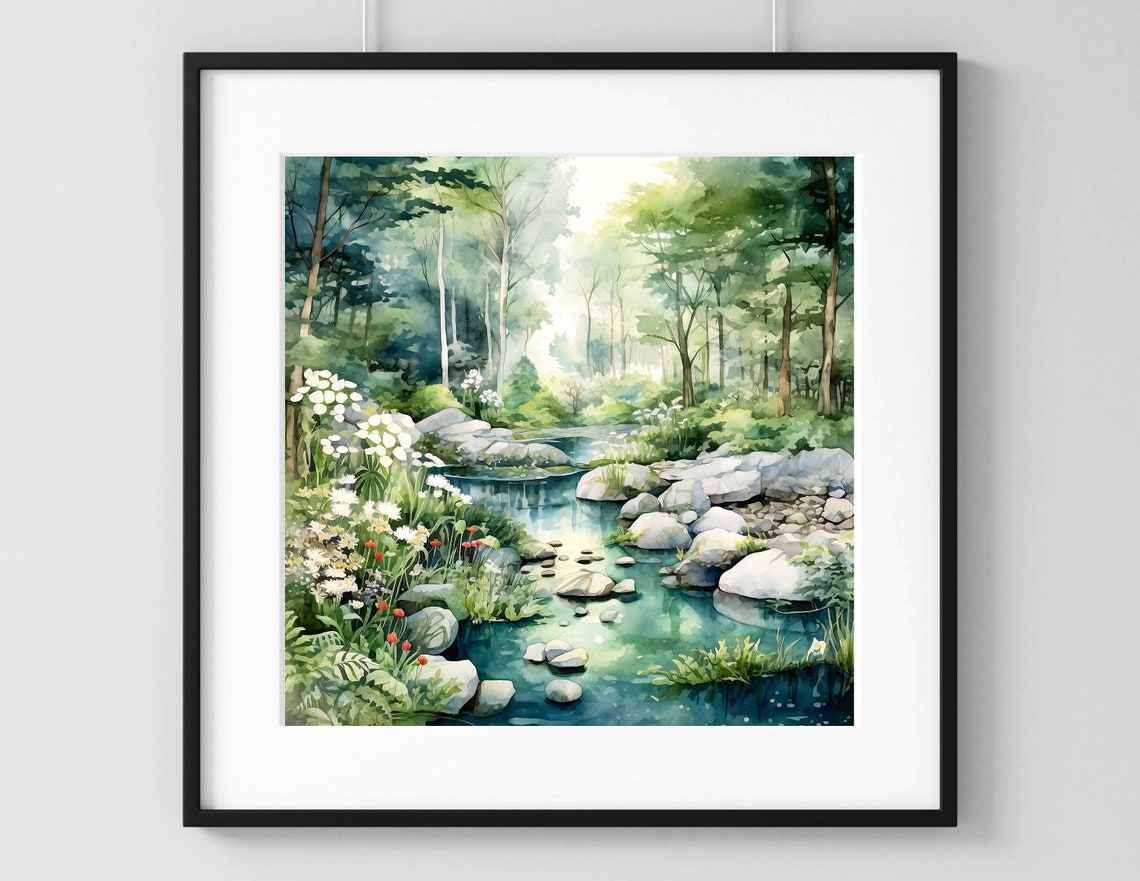 Forest Stream With Rocks White Flowers Green Watercolor Poster - Image 2