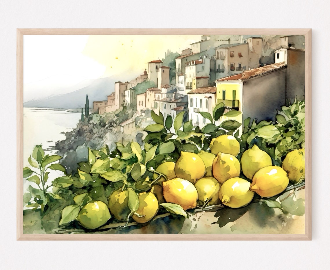 Amalfi Coast Lemon Grove Seaside Village Watercolor Art Poster