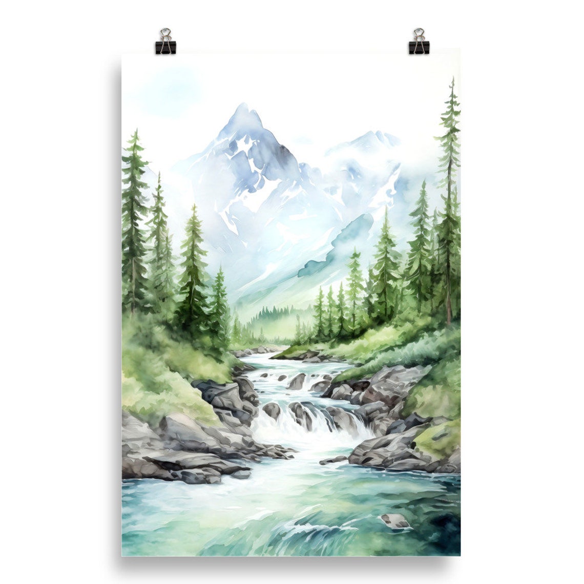 Misty Snow Capped Alpine Peak Forest River Watercolor Scenery Poster - Image 4