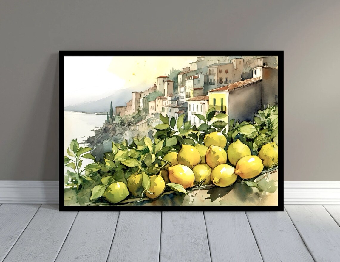 Amalfi Coast Lemon Grove Seaside Village Watercolor Art Poster - Image 3