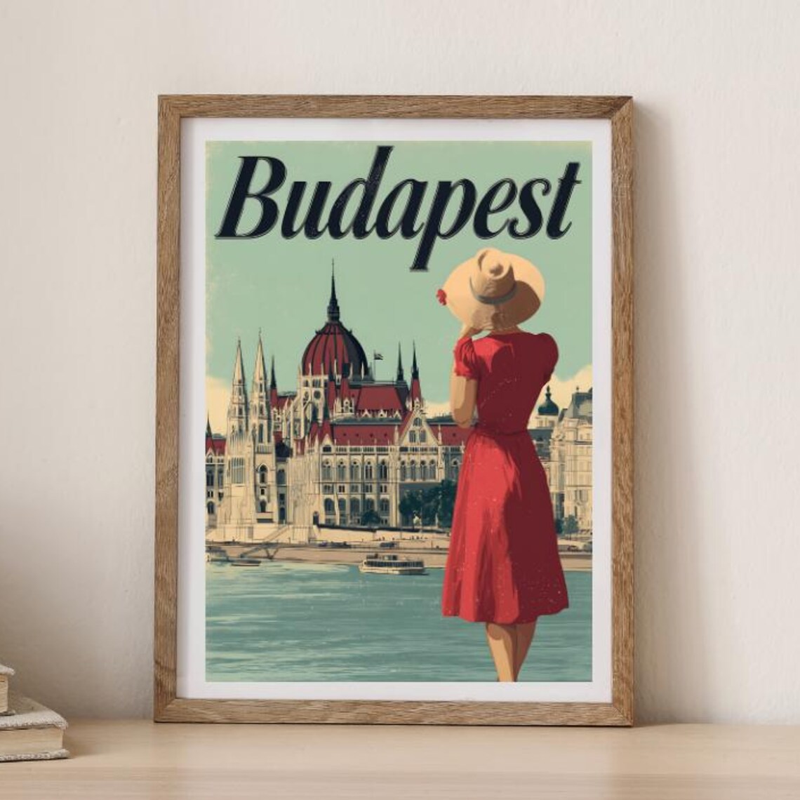 Budapest Hungary Parliament Lady in Red Dress Sunset Retro Poster