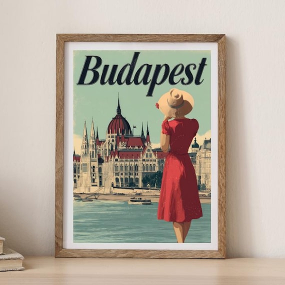 Budapest Hungary Parliament Lady in Red Dress Sunset Retro Poster