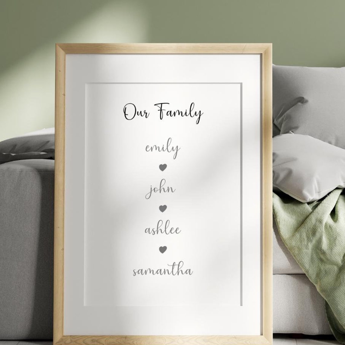 Personalised Our Family Names Heart Script Minimalist Wall Art