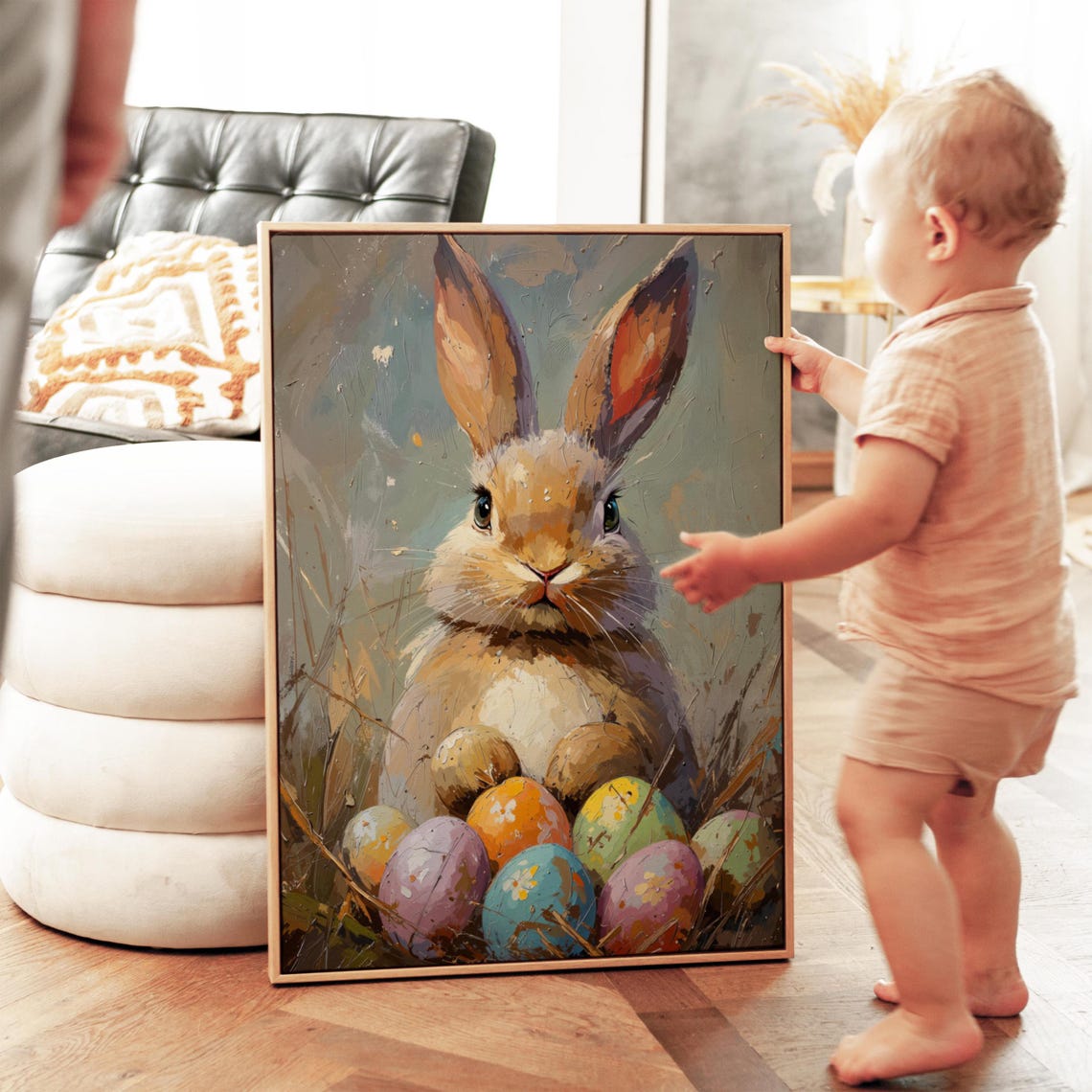 Cute Easter Bunny Colorful Painted Eggs Spring Meadow Painting Poster - Image 3