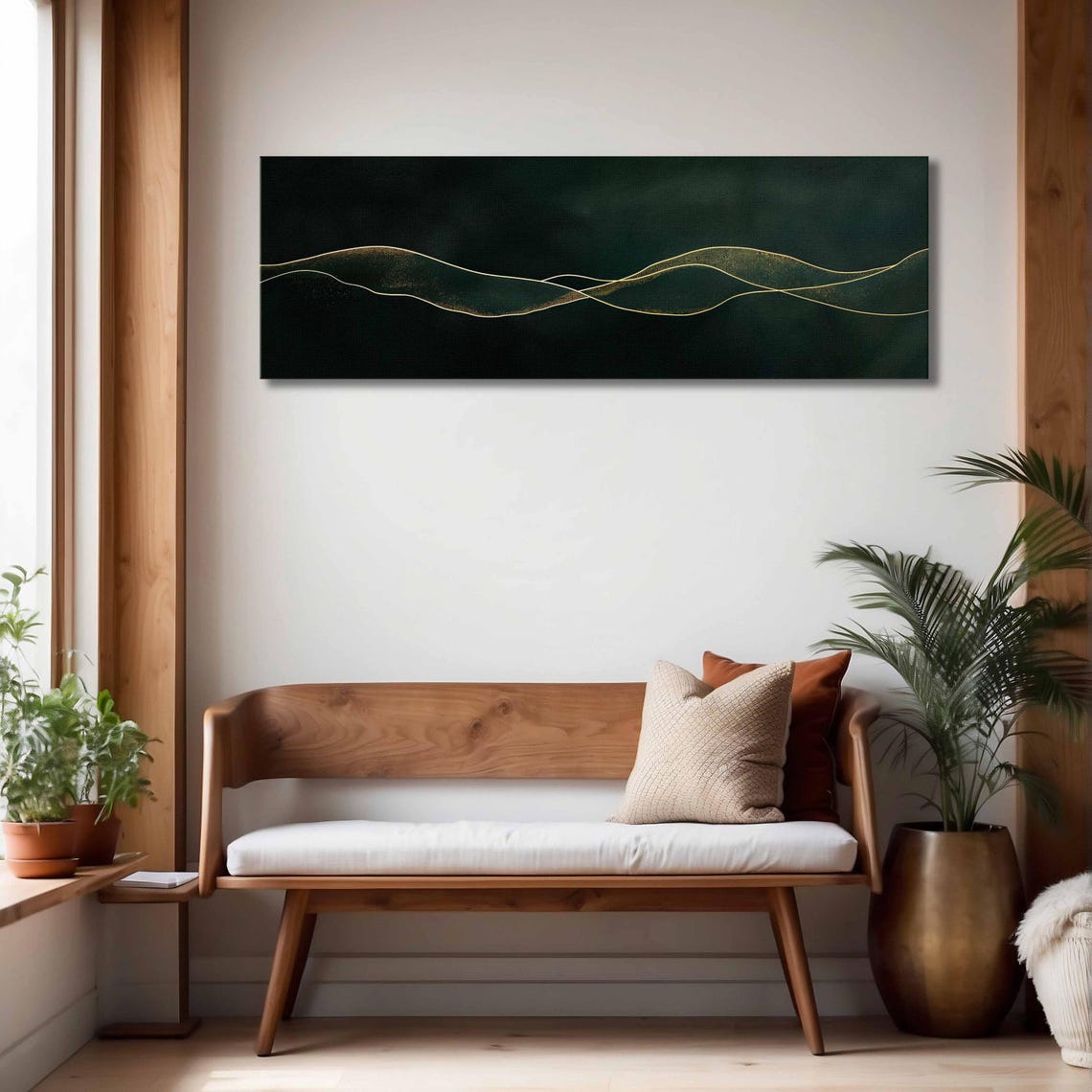 Gold Mountain Lines Dark Green Minimalist Abstract Panoramic Art Print - Image 4