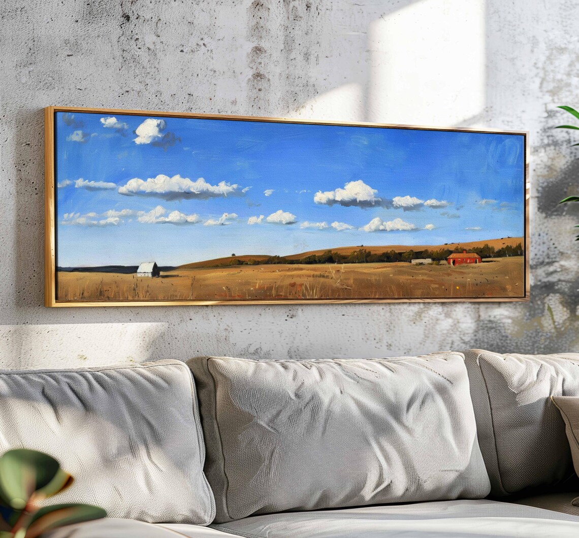 Golden Wheat Field Red Barn White Farmhouse Blue Sky Landscape Print