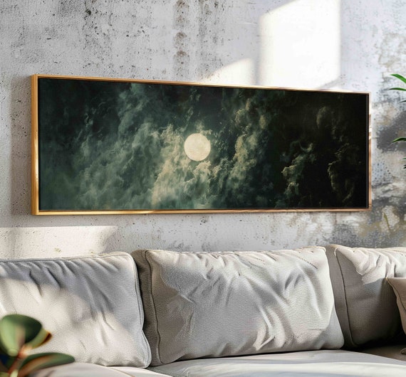 Full Moon Painting Print Moody Wall Art Framed Horizontal Minimalist Painting Wall Art Panoramic Moon Clouds Print Above Bedcouch Decor