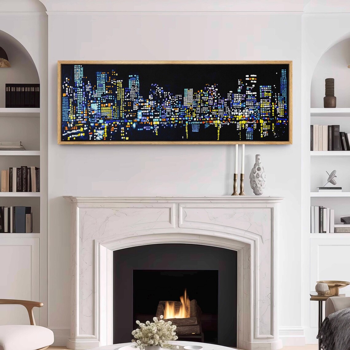 Night City Skyline Mosaic of Glowing Lit Windows Panoramic Wall Art - Image 3