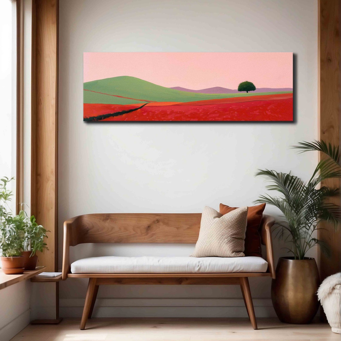 Minimalist Red Field Green Hills Pink Sky Panoramic Framed Art Print - Image 4