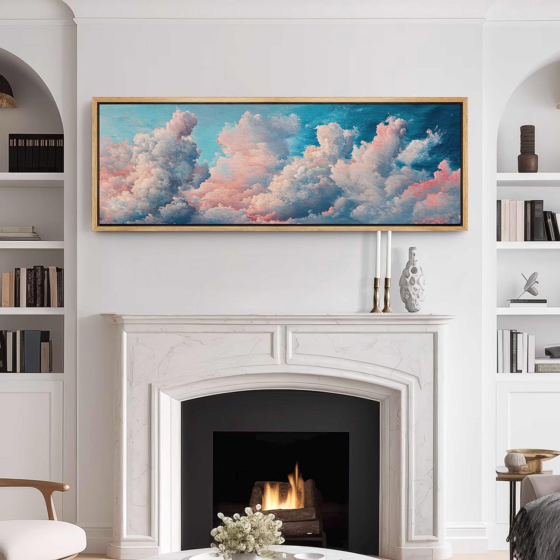 Pink Blush Cumulus Clouds Bright Blue Sky Panoramic Framed Art Print - Image 3