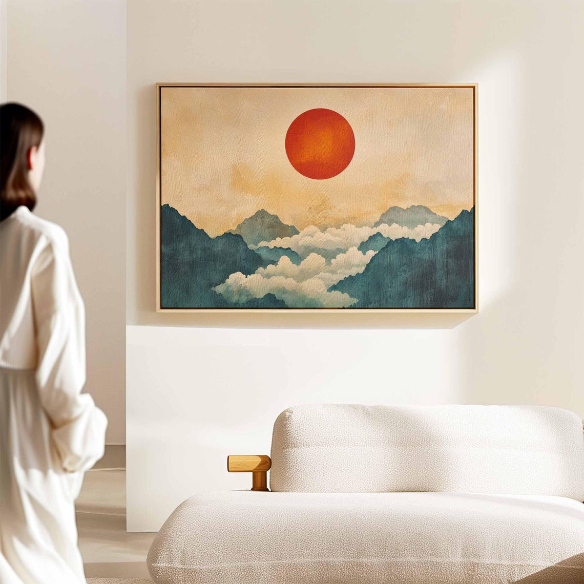 Japanese Red Sun Over Teal Mountain Ridges Clouds Asian Style Wall Art - Image 2