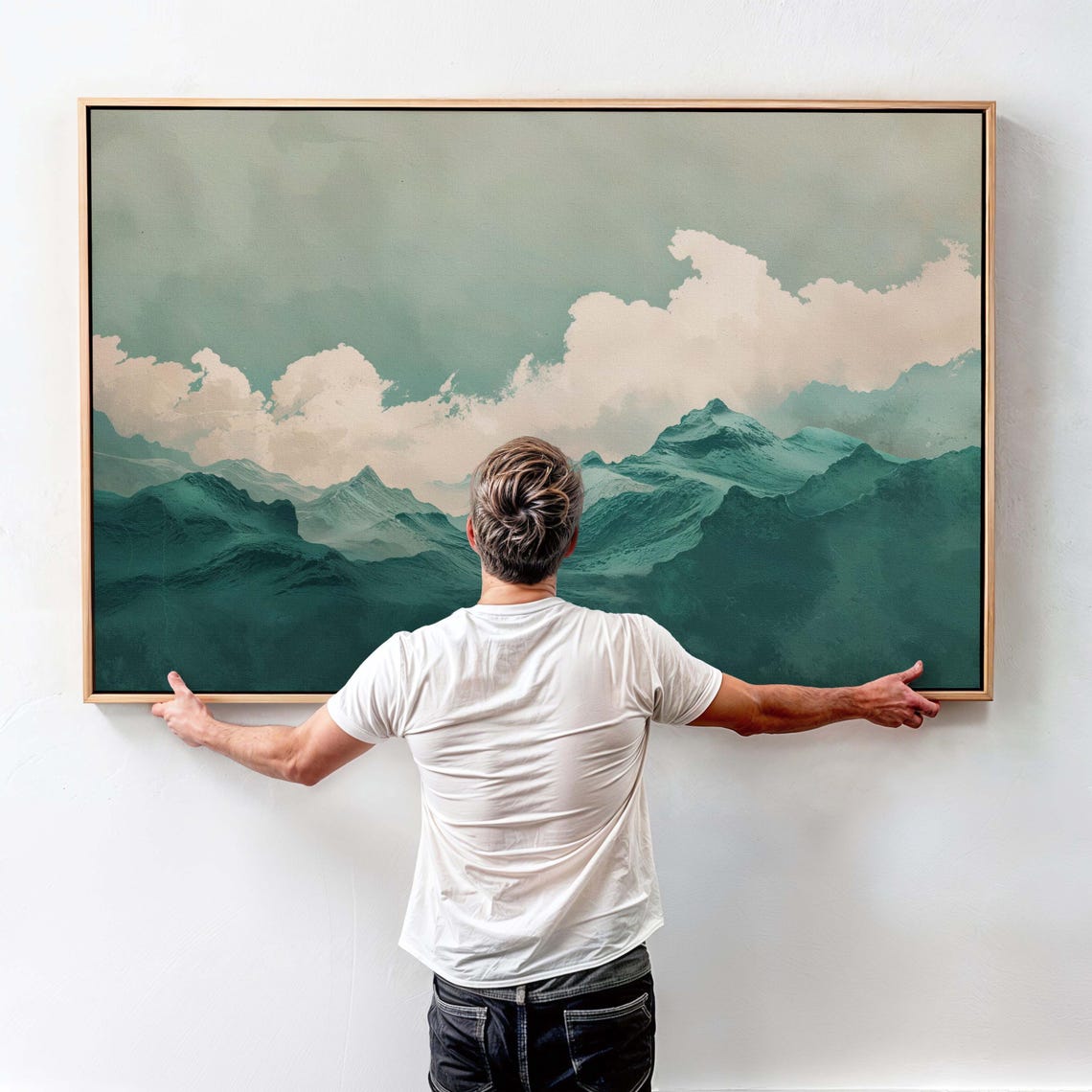 Emerald Green Mountain Peaks White Clouds Stylized Nature Art Print - Image 4
