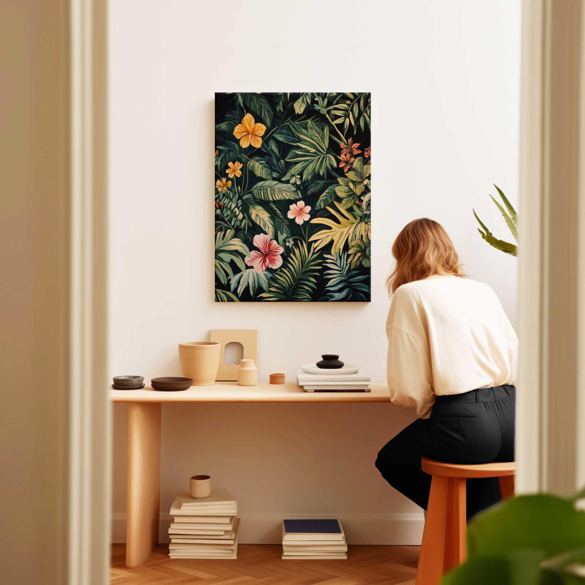 Tropical Hibiscus Flowers on Black Vertical Botanical Jungle Wall Art - Image 2
