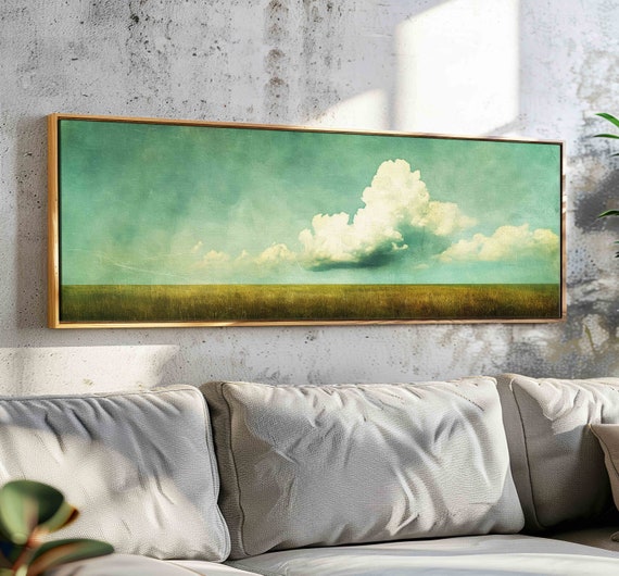 Vintage Landscape Wall Art Framed Meadow Wall Art Print Horizontal Nature Wildness Wall Art Minimalist Cloud Art Calm Wall Art Decor